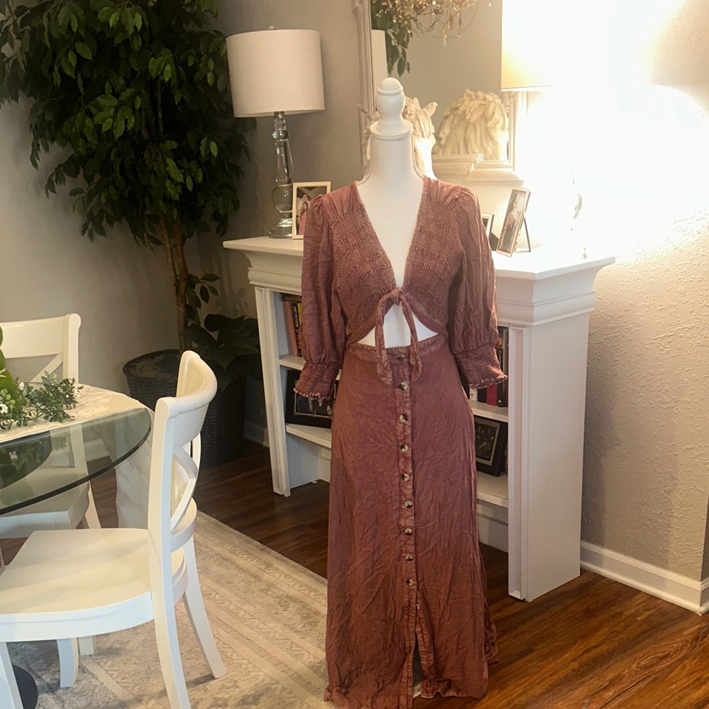 Free People Terracotta Button-Front Maxi Dress